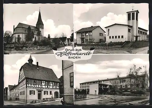 AK Hüffenhardt /Baden, Kirchen, Altes Fachwerkhaus, Schulgebäude