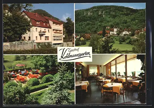 AK Wiesenttal-Muggendorf, Gasthof Kohlmannsgarten mit Innenansicht und Terrasse, Lindenberg 2