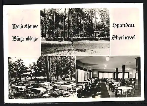 AK Berlin-Spandau /Oberhavel, Wald Klause Bürgerablage, Terrasse und Innenraum