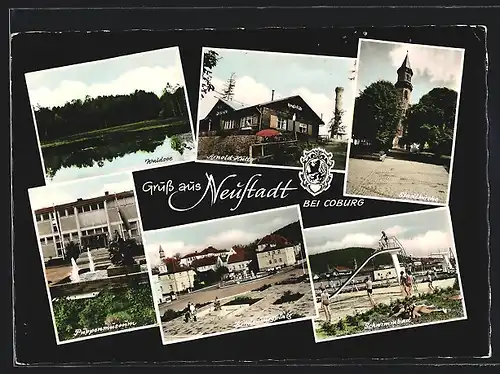 AK Neustadt /Coburg, Waldsee, Arnold-Hütte, Stadtkirche, Puppenmuseum, Schwimmbad