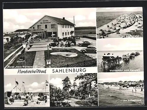 AK Cuxhaven, Hotel-Restaurant-Café Haus Wernerwald am Strand Sahlenburg, Wattenfahrt mit Kutschen