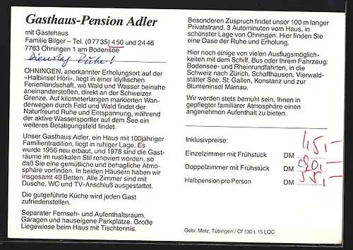 AK Öhningen am Bodensee, Gasthaus-Pension Adler mit Speisezimmer und Garten am See