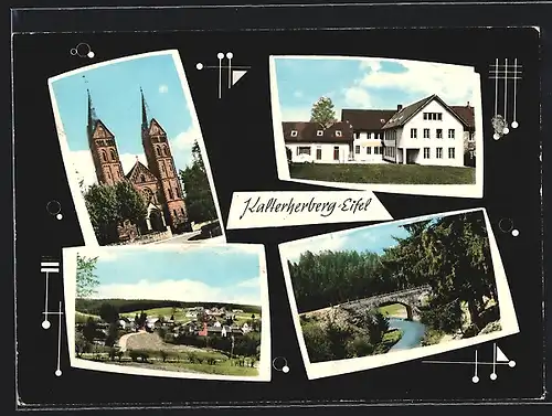 AK Kaltherberg /Eifel, Kirche, Ortspartie, steinerne Flussbrücke
