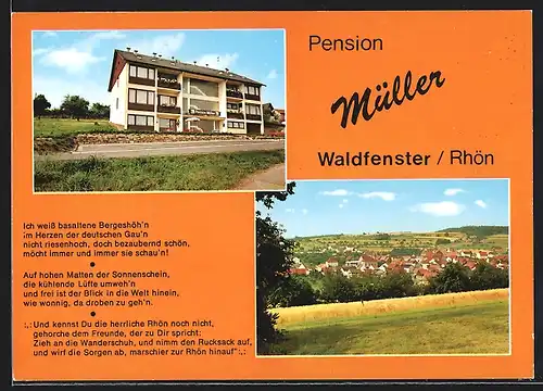 AK Waldfenster /Rhön, Pension Müller und, Ortsansicht über ein Feld