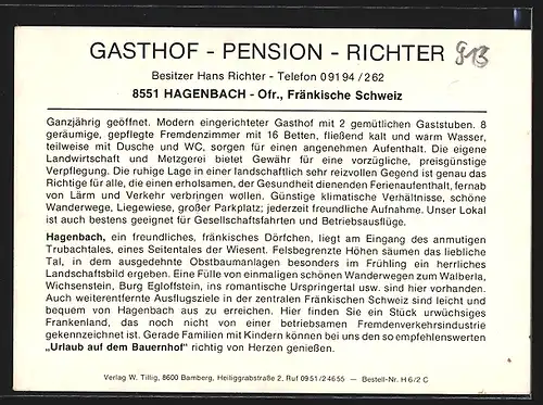 AK Hagenbach /Fränk. Schweiz, Gasthof Richter mit Gast- und Nebenzimmer