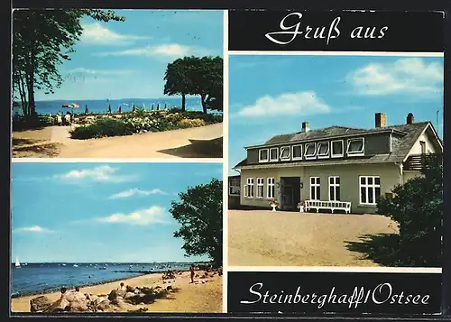 AK Steinberghaff /Ostsee, Hotel-Café, Promenade mit Meerblick, Strandleben