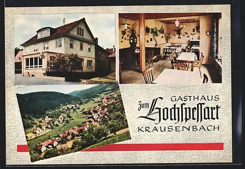 AK Krausenbach im Spessart, Ortsansicht und zwei Ansichten vom Gasthaus und Pension Zum Hochspessart