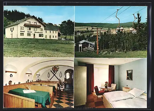 AK Bischofsgrün /Fichtelgeb., Hotel Garni Hirschmann, Innen- und Aussenansichten, Fröbershammer 9