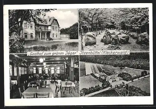 AK Itzenbüttel, Gasthof zum grünen Jäger v. Herbert Keller, Waldpartie und Luftaufnahme des Hauses