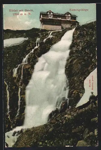 AK Riesengebirge, Elbfallbaude mit Wasserfall Elbfall