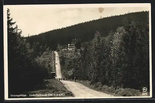 AK Zackelfallbaude im Riesengebirge, Ansicht von einer Zufahrtsstrasse