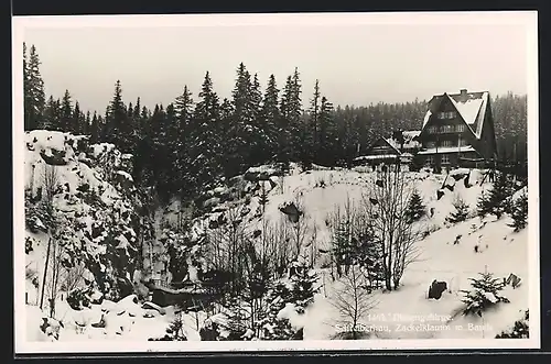 AK Zackelfallbaude im Riesengebirge mit Zackelklamm im Winter