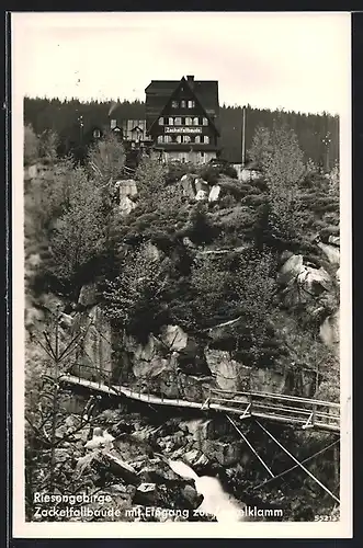 AK Zackelfallbaude mit Eingang zur Zackelklamm