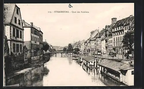 AK Strasbourg, Quai des Bateliers, Häuser am Quai