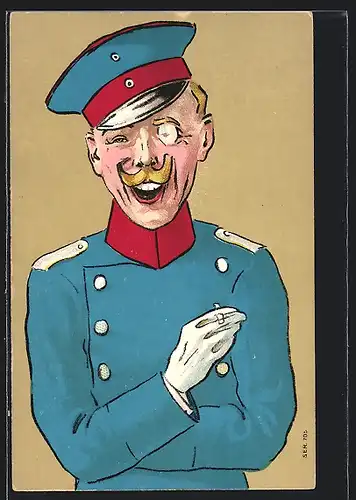 AK Ein lachender deutscher Offizier mit Zigarette und Kneifer, Karikatur
