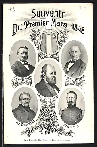 AK Schweiz, Souvenir du Premier Mars 1848, Aime Humbert, Fritz Courvoisier, Ami Girard