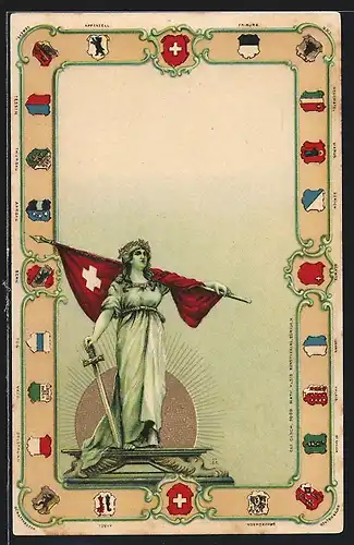 Lithographie Schweiz, Helvetia mit Fahne, Wappen der Kantone