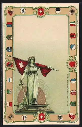 Lithographie Schweiz, Helvetia mit Fahne, Wappen der Kantone