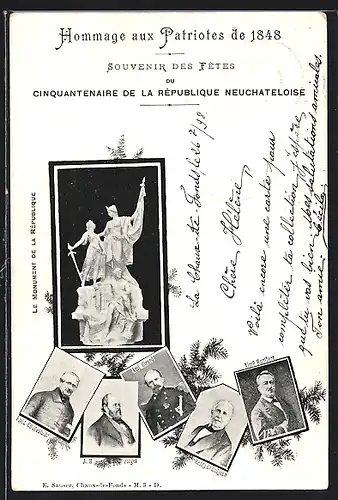 AK Neuchâtel, Fêtes Cinquant. de la Republique, Patriotes des 1848, Henri Grandjean, Ami Girard, Fritz Courvoisieraux