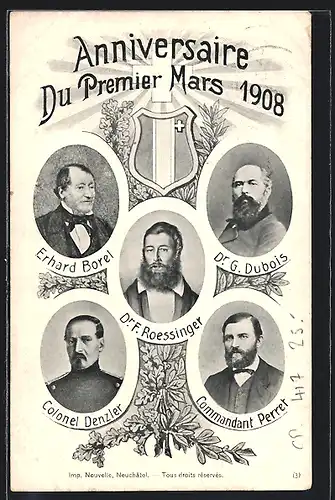 AK Schweiz, Anniversaire du Premier Mars 1908, Erhard Borel, Colonel Denzler