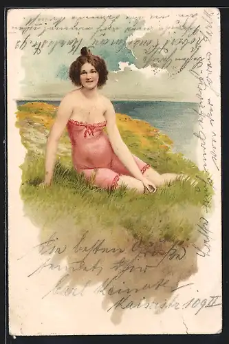 AK Frau im Badeanzug auf einer Wiese