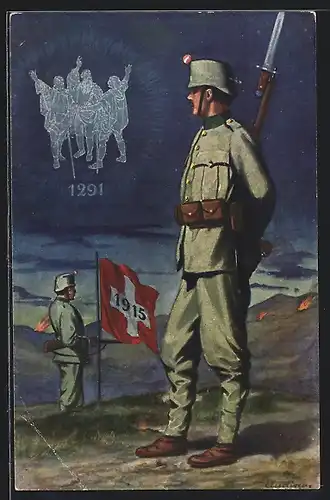 AK Soldaten in Uniform mit Gewehren, Schweizer Grenzbesetzung 1915