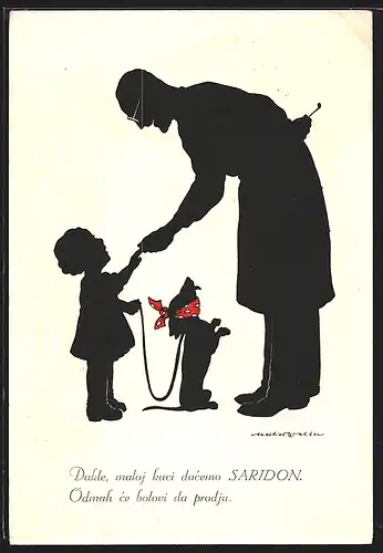 Künstler-AK Saridon Reklame, Doktor gibt Kind mit Hund ein Medikament