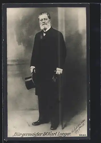 AK Bürgermeister Carl Lueger im schwarzen Anzug mit Zylinder