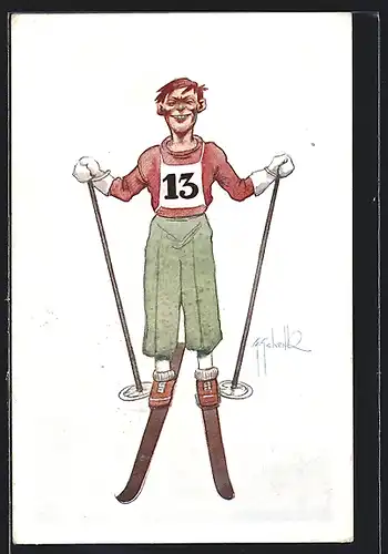 AK Mann mit der Startnummer 13 auf Skiern