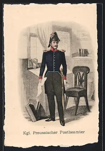 Künstler-AK Kgl. Preussischer Postbeamter in Uniform mit Degen und Brief