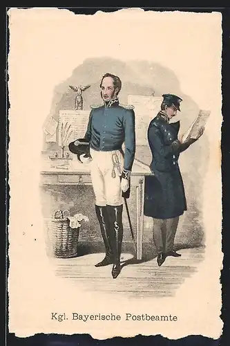 Künstler-AK Kgl. Bayerische Postbeamte in Uniform mit Degen und am Zeitungslesen
