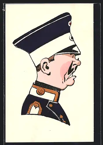 AK Uniform, Soldat mit gezwirbelten Schnurrbart und grimmigen Gesicht