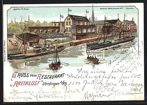 Lithographie Uerdingen a. Rh., Restaurant Rheinlust, Dampfer Düsseldorf