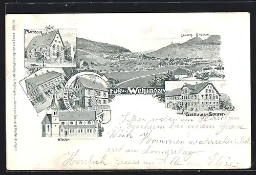 Lithographie Wehingen, Gasthaus zur Sonne, PFarrhaus, Forsthaus und Kirche