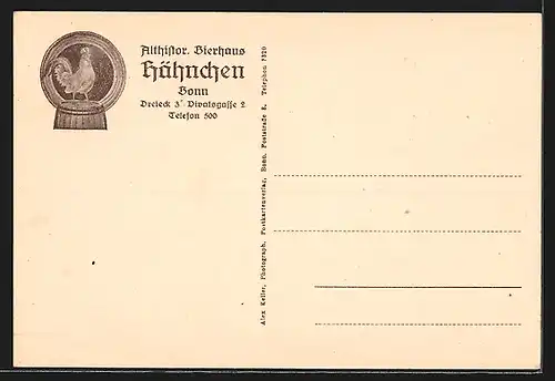 AK Bonn, Althistorisches Bierhaus Hähnchen, Divatsgasse 2, Eingang-Dreieck, Altes Lokal