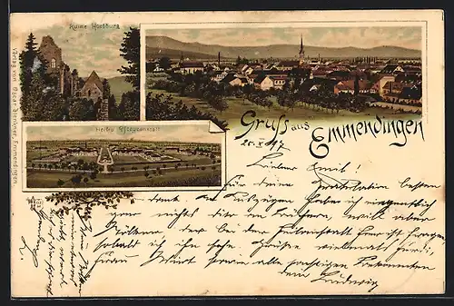 Lithographie Emmendingen, Ruine Hochburg, Heil- und Pflegeanstalt, Ortsansicht