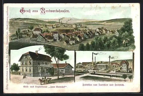 AK Rentwertshausen, Fabriken von Teuschler & Fröhlich, Gast- & Logierhaus ZUm Bahnhof