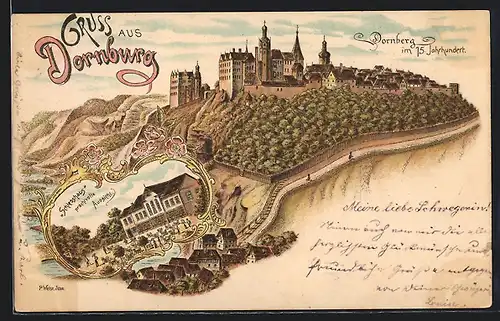 Lithographie Dornburg / Saale, Gasthof Schiesshaus und Dornberg