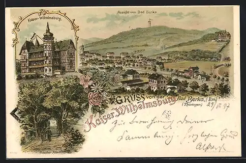 Lithographie Bad Berka /Ilm, Hotel Kaiser Wilhelmsburg, Goethe-Allee, Ortsansicht