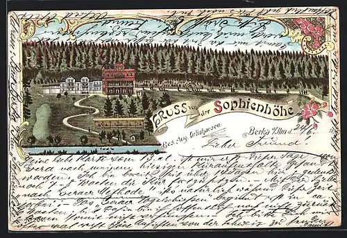 Lithographie Berka /Ilm, Gasthaus Sophienhöhe mit Umgebung aus der Vogelschau