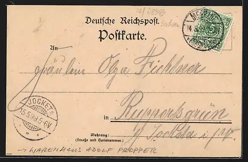Lithographie Meerane i. S., Sortiments-Warenhaus Adolf Popper, Bürgerschule, Ortsansicht