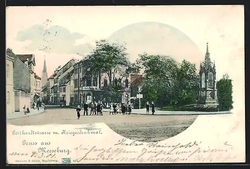 AK Merseburg, Gotthardstrasse mit Kriegerdenkmal