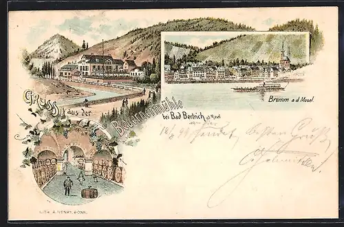 Lithographie Bad Bertrich a. d. Mosel, Gasthaus Beuernermühle, Dampfer vor Bremm