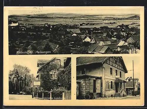 AK Rhünda /Kr. Melsungen, Gasthaus J. Löber, Gasthaus und Warenhandlung Landrene, Gesamtansicht