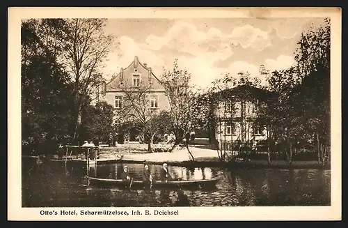 AK Scharmützelsee, Otto`s Hotel von B. Deichsel mit Boot