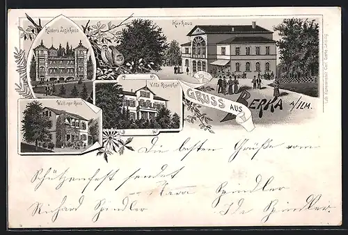 Lithographie Bad Berka /Ilm, Partie am Kurhaus, Küsters Logirhaus, Wettiner Haus und Villa Rosenthal