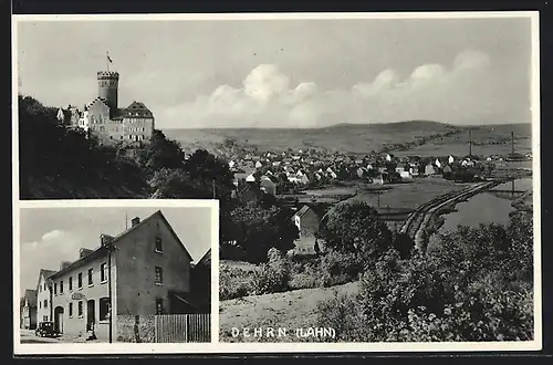 AK Dehrn /Lahn, Gasthaus und Metzgerei Lubens Schuld, Teilansicht mit Burg