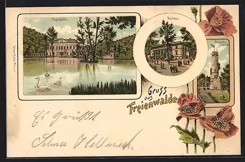 Lithographie Freienwalde, Kurhaus, Papenmühle, Bismarckturm