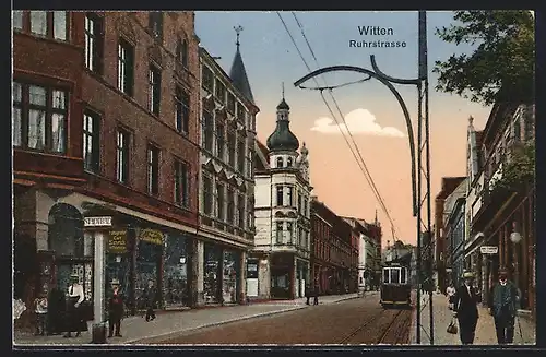 AK Witten, Ruhrstrasse mit Geschäften und Strassenbahn