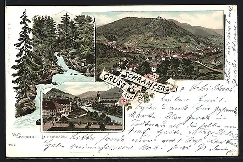 Lithographie Schramberg, Teilansicht, Wasserfall im Lauterbachthal, Uferpartie mit Kirche